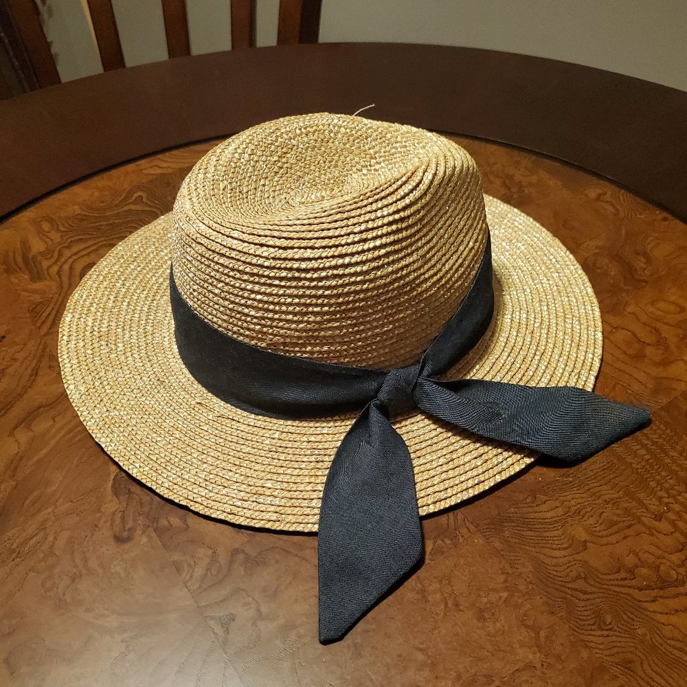 Straw Hat with Black Accent Ribbon - Size ~M/L